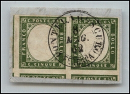 20450 REGNO D'ITALIA - VITTORIO EMANUELE II - 1862 - Coppia Del 5 Cent Verde (13Cc - Sardegna) Su Frammento Da Pontelago - Altri & Non Classificati