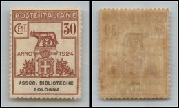 21259 REGNO D'ITALIA - PARASTATALI - 1924 - 30 Cent Biblioteche Bologna (3 - Enti Parastatali) - Gomma Integra - Ottima  - Other & Unclassified