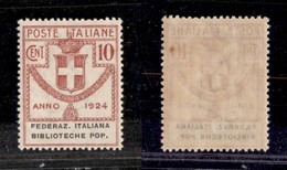 21265 REGNO D'ITALIA - PARASTATALI - 1924 - 10 Cent Federaz. Italiana Biblioteche Pop. (34) - Ottimamente Centrato - Gom - Andere & Zonder Classificatie