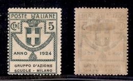 21268 REGNO D'ITALIA - PARASTATALI - 1924 – 5 Cent Gruppo D'Azione Scuole Milano (38) – Nuovo Con Gomma (25) - Autres & Non Classés