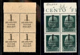 21535 REPUBBLICA SOCIALE - FASCETTI - 1944 – Milano – 25 Cent (491s) In Quartina Bordo Foglio (pos. 4/15) Con Decalco –  - Autres & Non Classés