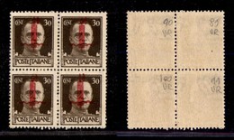 21538 REPUBBLICA SOCIALE - FASCETTI - 1944 – Verona – 30 Cent (492) In Quartina (pos. 89/100) Con Fascio Grosso In Basso - Sonstige & Ohne Zuordnung