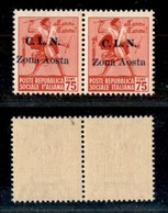 21828 EMISSIONI CLN - AOSTA - 1944 – 75 Cent (3 Varietà + 3) – Coppia Orizzontale Con Soprastampe Disallineate E Con Sop - Sonstige & Ohne Zuordnung