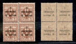 22013 OCCUPAZIONI - TRENTO E TRIESTE - 1919 - 2 Cent Su 2 (2ya) In Quartina Con Decalco Della Soprastampa - Gomma Integr - Autres & Non Classés