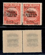 22108 OCCUPAZIONI - FIUME - 1921 - Segnatasse - 0,04 Lire Su 10 Cent (26g) - Coppia Orizzontale Con Soprastampe Oblique  - Autres & Non Classés