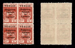 22153 OCCUPAZIONI - VEGLIA - 1920 - 10 Cent Carminio (6) In Quartina - Gomma Integra (550) - Sonstige & Ohne Zuordnung
