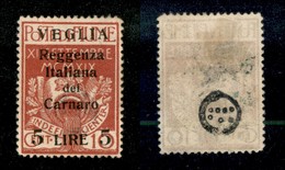 22161 OCCUPAZIONI - VEGLIA - 1920 - 5 Lire Su 10 Cent Fiume Soprastampato (145) - Nuovo Con Gomma (280) - Sonstige & Ohne Zuordnung