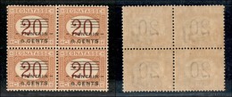 22840 UFFICI POSTALI IN CINA - TIENTSIN - 1919 - Segnatasse - 8 Cent Su 20 (10) In Quartina - Gomma Integra (300+) - Autres & Non Classés