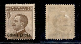 23004 COLONIE ITALIANE - ERITREA - 1916 - 40 Cent Michetti Soprastampato (38) - Nuovo Con Gomma - Dente Angolo Basso A S - Sonstige & Ohne Zuordnung