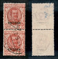 23033 COLONIE ITALIANE - ERITREA - 1926 – Coppia Verticale Del 75 Cent Floreale Soprastampato (113) – Usata (60) - Sonstige & Ohne Zuordnung