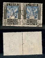 23133 COLONIE ITALIANE - LIBIA - 1921 - 5 Lire Pittorica (31 Varietà) - Coppia Orizzontale Usata - Entrambi Con Foro Sup - Sonstige & Ohne Zuordnung