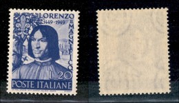 23403 REPUBBLICA - POSTA ORDINARIA - 1949 – 20 Lire Lorenzo Il Magnifico (608) – Gomma Integra (15) - Andere & Zonder Classificatie