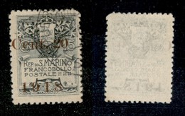 23628 SAN MARINO - POSTA ORDINARIA - 1918 - 20 Cent Su 15 Stemma Soprastampato (53a) - Soprastampa Spostata A Sinistra - - Andere & Zonder Classificatie