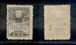 23630 SAN MARINO - POSTA ORDINARIA - 1918 - 20 Cent Su 15 Stemma Soprastampato (53b) - Primo "1" In Carattere Romano - N - Autres & Non Classés