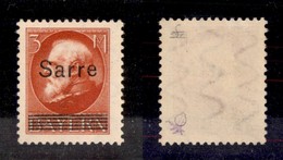 24477 ESTERO - GERMANIA - Sarre – 1920 – 3 Marchi Rosso (Unif. 29) – Gomma Integra (320) - Andere & Zonder Classificatie