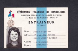 Carte Entraineur 1er Degre Federation Francaise Basket Ball Huguette Bedet Saint Dizier Haute Marne Ligue Champagne - Other & Unclassified