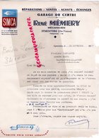 87 - EYMOUTIERS- RARE LETTRE  RENE MEMERY-MECANICIEN AUTOMOBILE GARAGE DU CENTRE SIMCA- 1953-SIMCA ARONDE 9 - Automobile