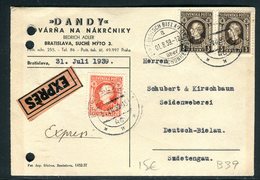 Slovaquie - Enveloppe Commerciale En Exprès De Bratislava Pour L 'Allemagne En 1939 - Cartas & Documentos
