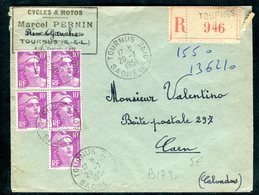 Enveloppe En Recommandé De Tournus Pour Caen En 1951 , Affranchissement Gandon - 1921-1960: Modern Tijdperk