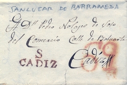 1839 , CADIZ  , CARTA CIRCULADA ENTRE SANLÚCAR DE BARRAMEDA Y CADIZ  , TIZÓN Nº 2 - ...-1850 Prephilately