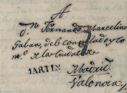 1819 , MADRID  , CARTA CIRCULADA ENTRE SAN MARTIN DE VALDEIGLESIAS Y VALENCIA   , TIZÓN Nº 1 EN NEGRO - ...-1850 Préphilatélie