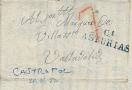 1830 , ASTURIAS  , CARTA CIRCULADA ENTRE CASTROPOL Y VALLADOLID   , TIZÓN Nº 3 EN NEGRO - ...-1850 Voorfilatelie