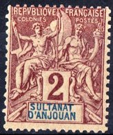 SULTANAT D’ANJOUAN, COLONIA FRANCESE, FRENCH COLONY, TIPO “GROUPE”, FRANCIA, FRANCE, 1892, NUOVO (MLH*) Michel 2 Scott 2 - Unused Stamps
