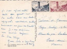 Timbres S/ Carte Postale . ANDORRE.  12 F Bleu + 8F Brun Rouge S/ Cpsm 10x15 Valls D'Andorra Gorges De Meritxell - Cartas & Documentos