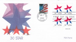 Sc#3613 3c Red White And Blue 'Star' 2002 Issue Block Of 4 With #3550 'United We Stand' Cover FDC - 2001-2010