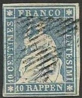 1854 Svizzera Switzerland HELVETIA SEDUTA 10c Azzurro (Yv.27a) Usato Firma E.Diena - Gebraucht