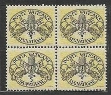 1946 Vaticano Vatican SEGNATASSE  POSTAGE DUE 5c Giallo (x4) Righe Larghe Carta Bianca Quartina MNH** Firm.Biondi Bl.4 - Postage Due