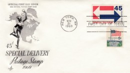 Sc#E22 FDC, 45c Special Delivery 1969 'Arrows' Issue On Illustrated First Day Cover, 6c Postage Additional Stamp - Express & Recommandés