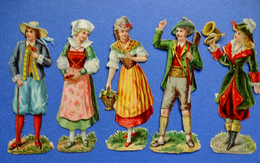 5 CHROMOS  DECOUPIS   MÊME SÉRIE  PERSONNAGES EN COSTUME FOLKLORE  TYROL BAVIERE  H 10.5 Cm - Enfants