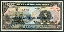 BOLIVIA BILLETES; 1911 - "5 BOLIVIANOS RESE.B.C.DE BOLIVIA" DENOMINADOS “MERCURIOS”. - Bolivie