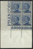 COLONIE ITALIANE EGEO 1912 NISIRO (NISIROS) CENT. 25c MNH QUARTINA BLOCK NUMERO DEL FOGLIO - Aegean (Nisiro)