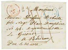 156 1849 ILES C. CHERBOURG Rouge + GUERNESEY Bleu + Taxe 14 Sur Lettre Pour BORDEAUX. TB. - Guernsey