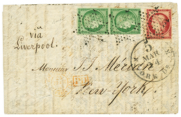 349 1853 Paire Du 15c CERES(n°2) Non Touchée + 1F (n°6) Touché Sur Lettre Pour NEW YORK (USA). TB. - 1849-1850 Ceres
