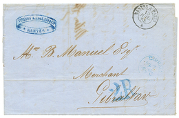 371 POSTE FERROVIAIREpour GIBRALTAR : 1858 Cachet Ambulant NANTES A PARIS B + Taxe Espagnole 2R Bleu Sur Lettre Pour GIB - 1853-1860 Napoléon III