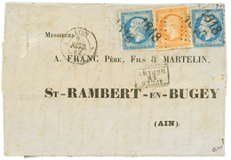 376 "Cachet D' ESSAI 1818 De LYON" : 1852 20(n°14)x2 + 40c(n°16) Obl. Cachet 1818 Baton Sur Lettre De LYON Pour Le BUGEY - 1853-1860 Napoléon III.