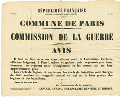 447 COMMUNE DE PARIS : 1871 AFFICHE Officielle De LA COMMUNE DE PARIS -COMMISSION DE LA GUERRE. Rare. TB. - Guerre De 1870