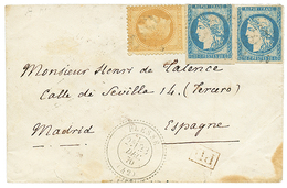 449 1870 20c BORDEAUX Type I (n°44)x2 Déf. + 10c(n°28) Obl. GC + T.24 PLESSE Pour MADRID (ESPAGNE). TB. - 1870 Ausgabe Bordeaux
