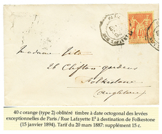 490 1894 40c SAGE + LEVEE EXCEPTIONNELLE PARIS/E2 Pour FOLKESTONE (ANGLETERRE). TB. - 1876-1878 Sage (Type I)