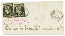 605 "2 JANVIER 1849" : 20c Noir(n°3)x2 Déf. Obl. T.15 CHERBOURG 2 JANV. 49 + "A DEFAUT De TIMBRE De 40c" Manuscrit Sur F - Other & Unclassified