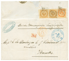 826 1863 AIGLE 10c(x2)+ 40c Obl. Losange De 81 Points + Grand Cachet (rare) BUREAU DE PONDICHERY En Bleu Sur Lettre Avec - Sonstige & Ohne Zuordnung