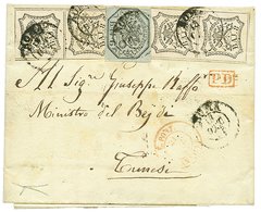 1152 PAPAL STATES To TUNISIA : 1853 6B + 8B(x4) Canc. ROMA On Entire Letter To TUNISIA. Verso, Cds TUNIS + BONE ALGERIE. - Non Classés