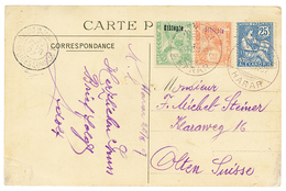 1386 1907 ETHIOPIA 1/4g + 1/2g Overprint ETHIOPIE + ALEXANDRIE 25c Canc. HARAR + DJIBOUTI On Card To SWITZERLAND. Scarce - Ethiopia