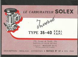 SOLEX Notice N° 37 De 1944 - Matériel Et Accessoires