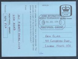 United Kingdom UK 1979 Postal Stationery Card: Sport Bowling; International Bowls Tournament Pontypool Nature Protection - Pétanque