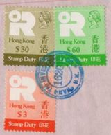 HONG KONG $3 + $30 + $60 Revenue Stamps Used On Document, 1987 - Briefe U. Dokumente