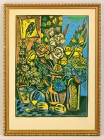 Józsa János (1936-2016): Virágcsendélet. Színes Linó, Papír, Jelzett, üvegezett Keretben, 53×38 Cm - Other & Unclassified